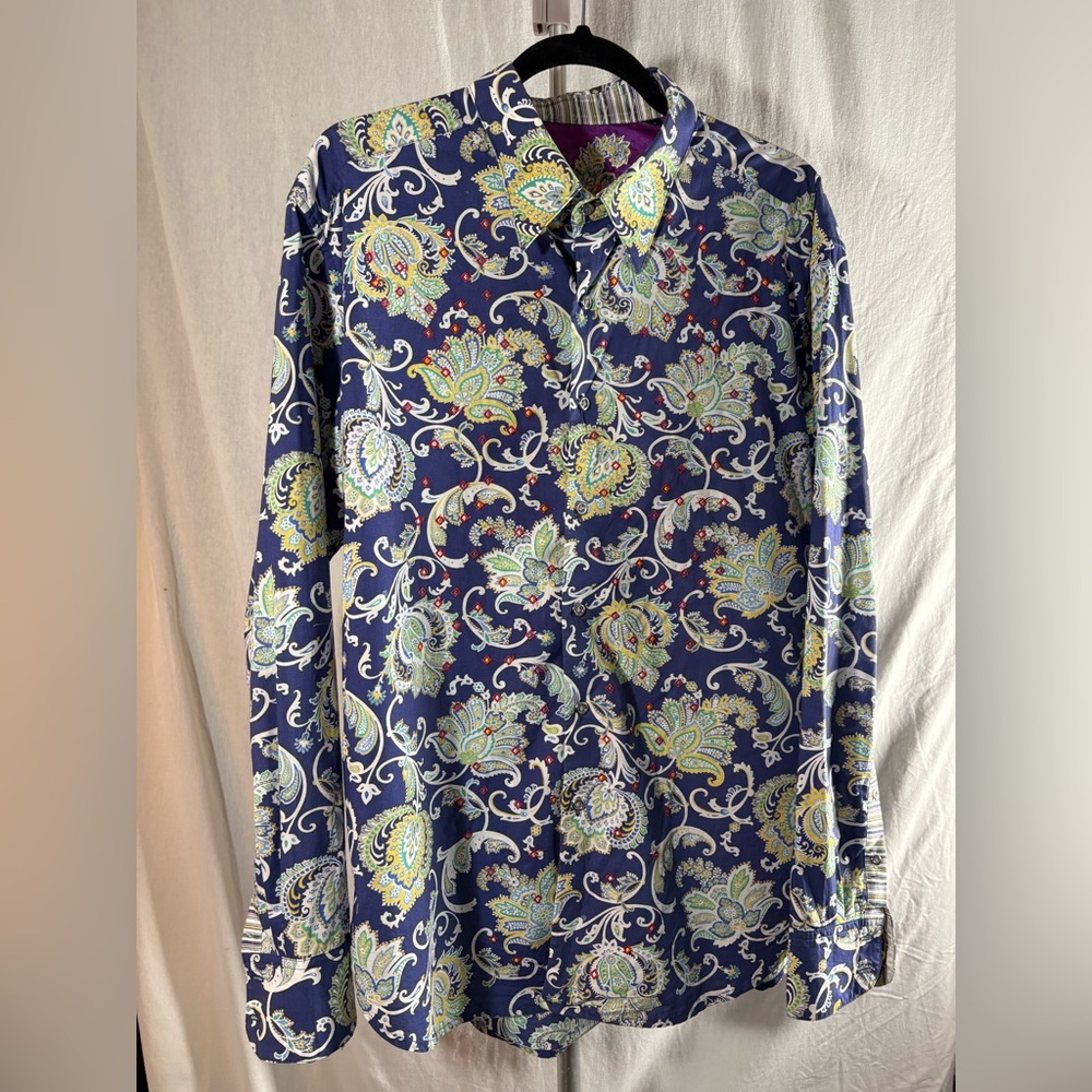 Robert Graham Blue and Green Button Down Shirt with Floral Pattern
